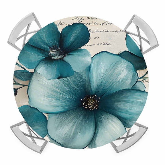 Turquoise Tulip Elastic Fitted Round Table Cover Watercolor Vintage Waterproof Outdoor Tablecloth for Holiday Party, Picnic, Patio & Dining Fits Tables Up to 36"-44"