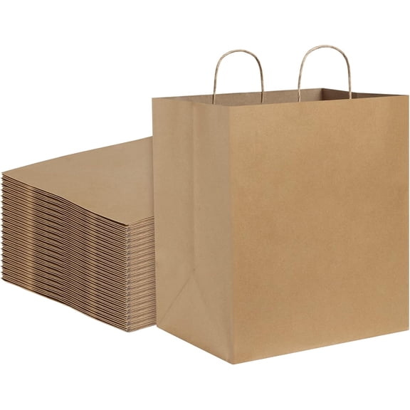 Kraft Paper Bagsr 50Pcs 14x10x15.75 Ultra Wide Large Paper Gift Bags with Handles for Takeouts, Parties, Shopping, Food Packing, Recyclable Food Service Bags Brown Paper Grocery Sacks