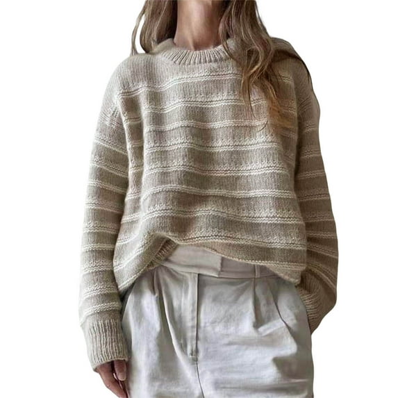 hirigin Women Knitting Tops, Long Sleeve Round Neck Striped Casual Party Street Fall Spring Sweater Tops