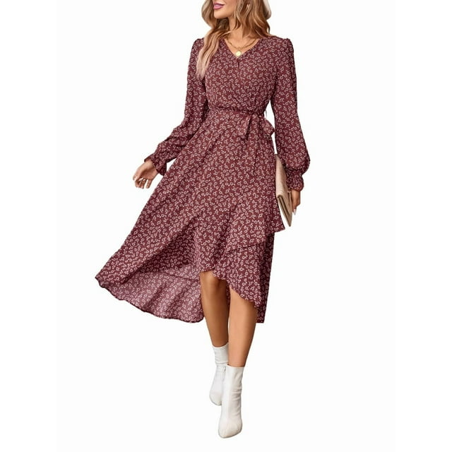 Women'S Summer Floral Boho Maxi Dress Wrap Long Sleeve V Neck Ruffle A-Line Flowy Wedding Guest Long Dresses Red M