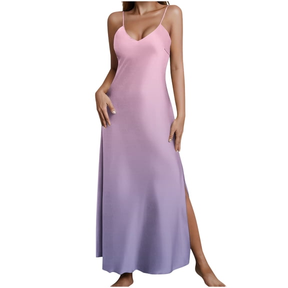 Levmjia Womens Dress V Neck Sleeveless Gradient Printed Suspender Flowy Split Maxi Dress Casual Beach Vacation Outfit Summer Nightgown