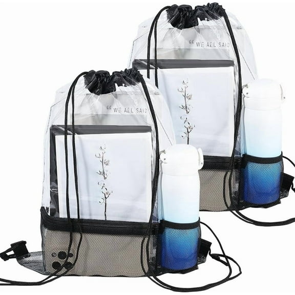 2 Pack Clear Drawstring Bags Waterproof PVC String Backpack Lightweight Transparent Draw Strings Back Cinch Sack Knapsack for Gym Swimming Travel Outdoor Sports Men Women 16.5 x 14in 2pcs