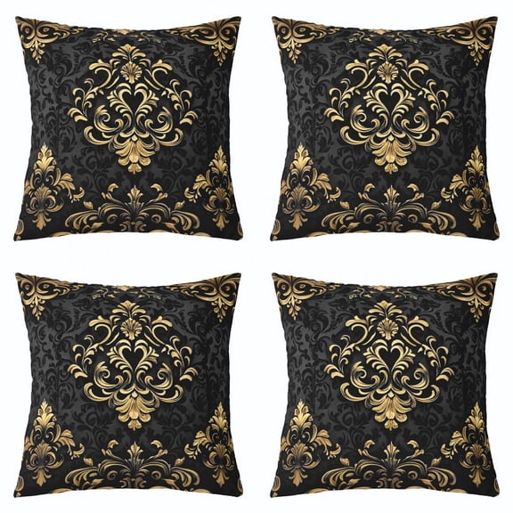Manfei Gold Baroque Damask Cushion Covers for Sofa Set of 4, Hippie Flower Floral Throw Pillow Covers for Bed, 16x16, Vintage Victorian Throw Pillow Covers, Breathable Bedroom Decorative