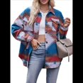 thumbnail image 1 of Chaqueta de Larga con Solapa Acogedora para Mujer, con Estampado Azteca Occidental y Bolsillos, Abrigo Informal y Cálido. Azul Pavo Real L, 1 of 10