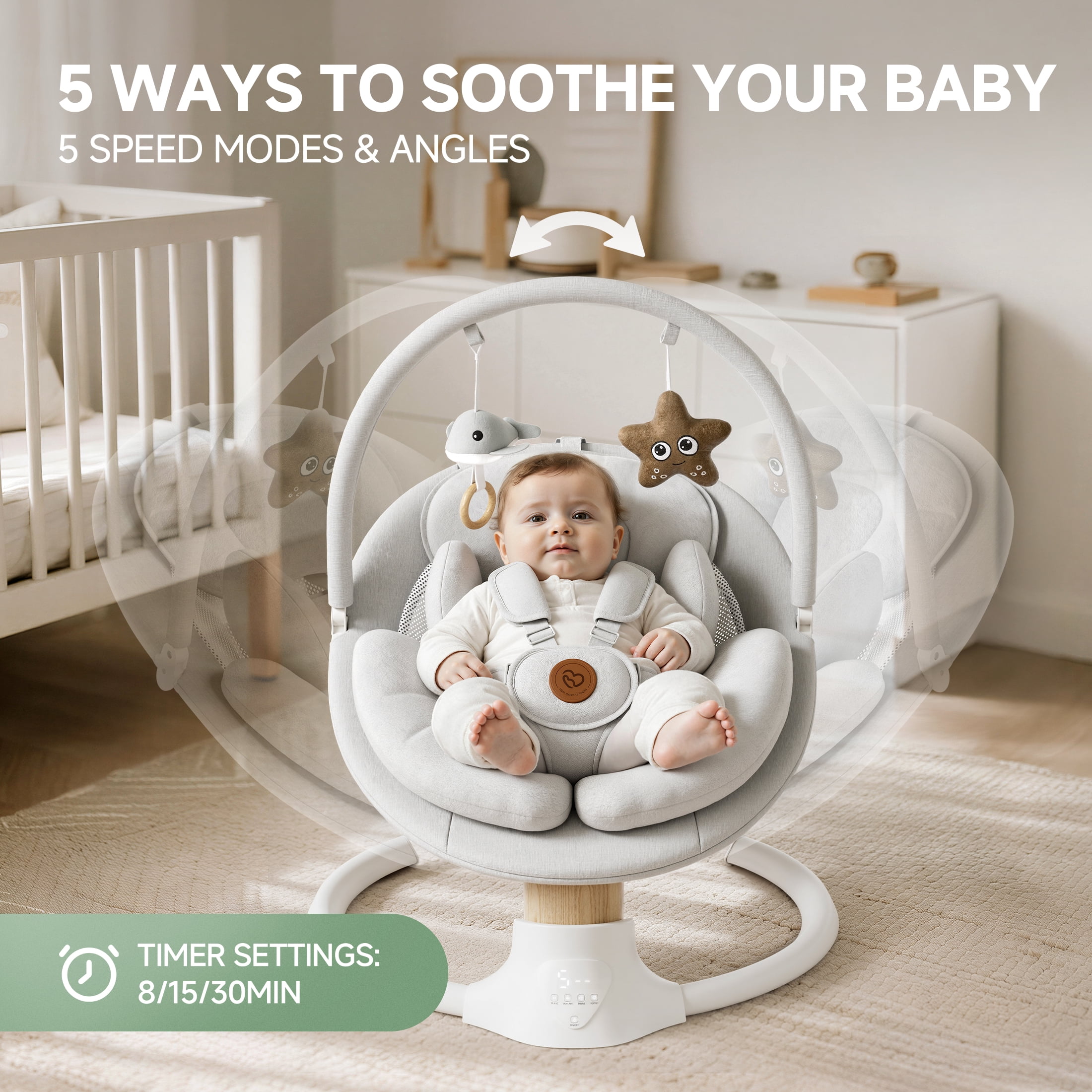 Babyomi Portable Baby Swings for Infants to Toddler, Electric Swing with Music Speaker, 3 Seat Positions , 5 Speeds, and Remote Control - Infant Swing for Indoor and Outdoor, Grey