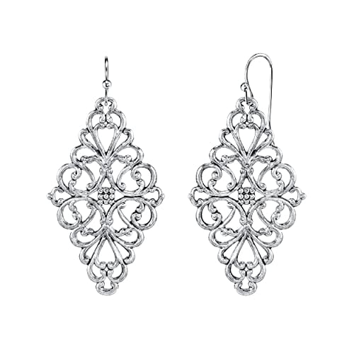 1928 Jewelry Silver Tone Filigree Diamond-Shape Drop Earrings