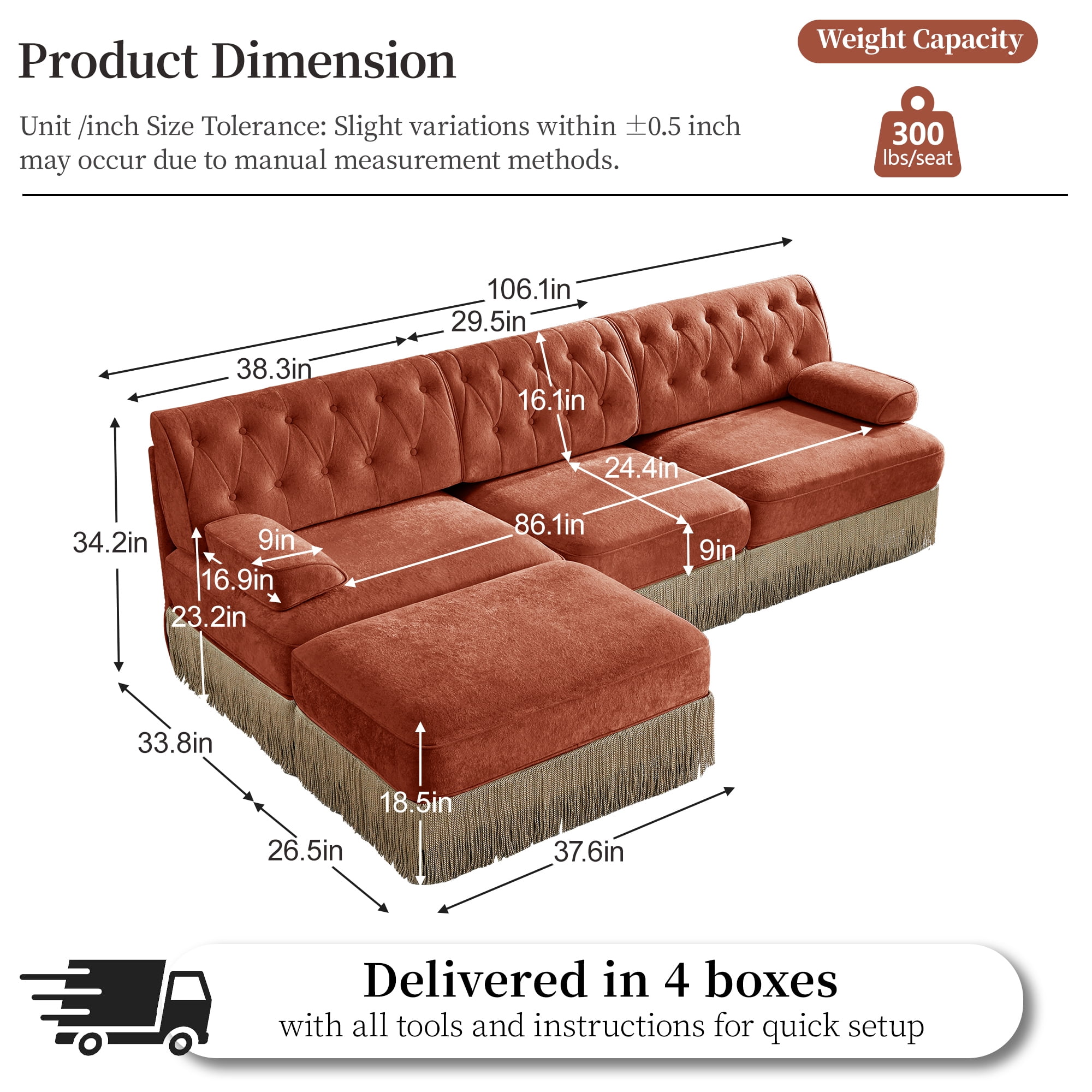 Alvantor L-Shaped Sectional Sofa 3-Seater Cloud Couch with Tassel Skirt,Button Tufted and Wooden Base for Living Room, Easy Assembly Red Brown