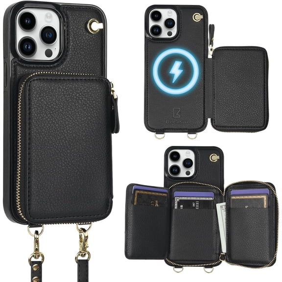 for Crossbody Wallet Case Compatible with iPhone 13 Pro Max, RFID Blocking Protective Purse Case with Card Slots Holder Kickstand Wrist Strap Lanyard Zipper 6.7 Inch 5G (Black)