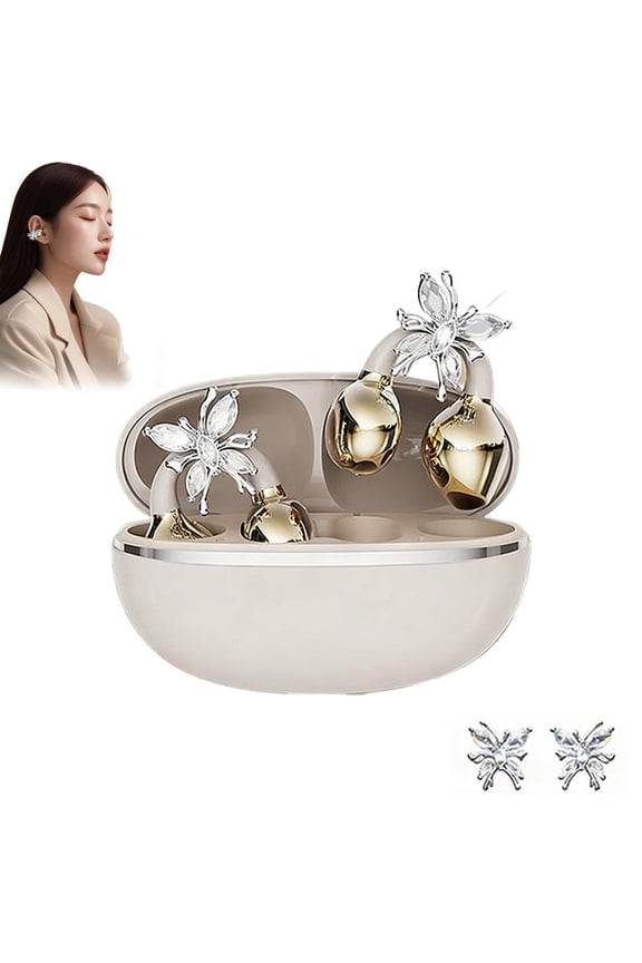 Clip-On Open Ear Earbuds with Detachable Butterfly Earrings, Women's Wireless Earphones, Designed with Crystal Butterfly Earrings Open Bluetooth Noise Earphones for Running