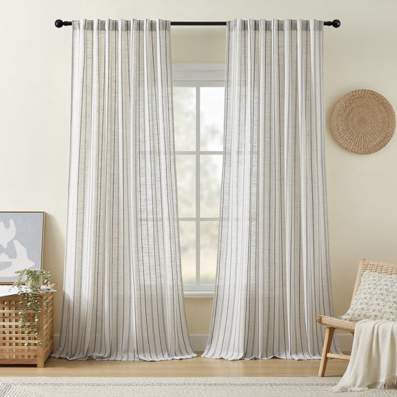 Muuphra Farmhouse Striped Linen Blend Curtains for Living Room Semi sheer Back Tab Coastal Drapes for Bedroom,2 Panels,52"×63"