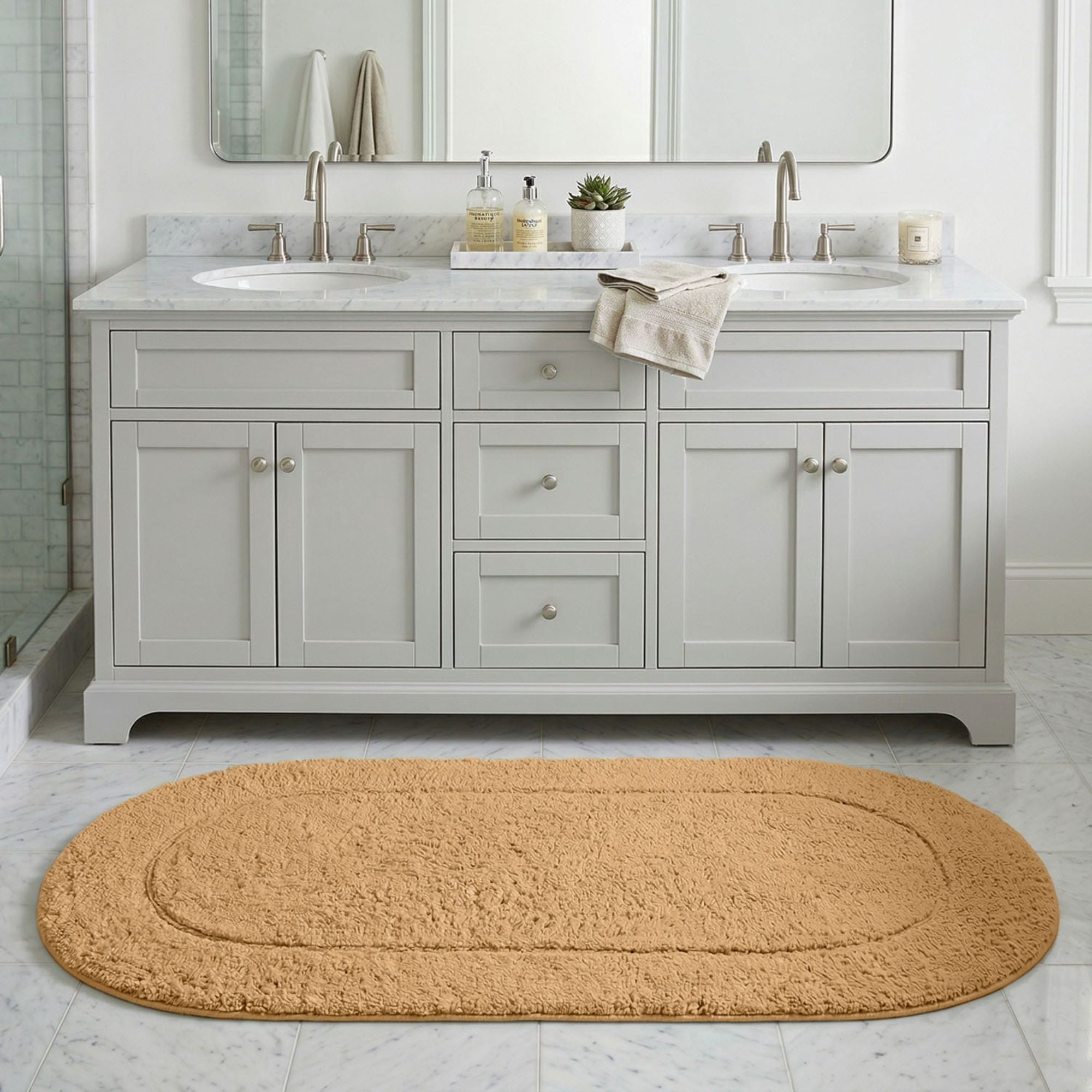Superior Oval Bordered Cotton Washable Non-Slip Bath Rug, Runner Size, Toast