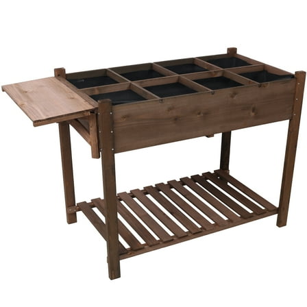 Multi-Tier Wooden Garden Planter - 8-Pocket Dark Brown Raised Bed with Foldable Side Table & Bottom Storage Shelf
