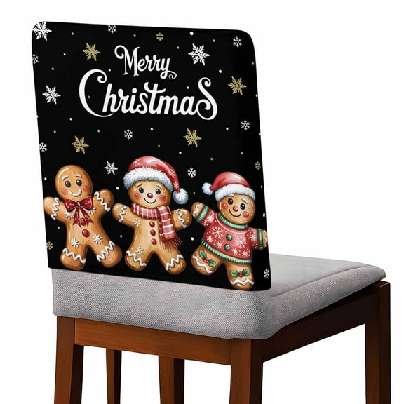 Merry Christmas Chair Covers Set of 4 Xmas Cute Gingerbread Man White Gold Winter Snowflakes Black Chair Back Covers Stretch Removable Slipcovers Protector for Dining Room Kitchen Party Decor