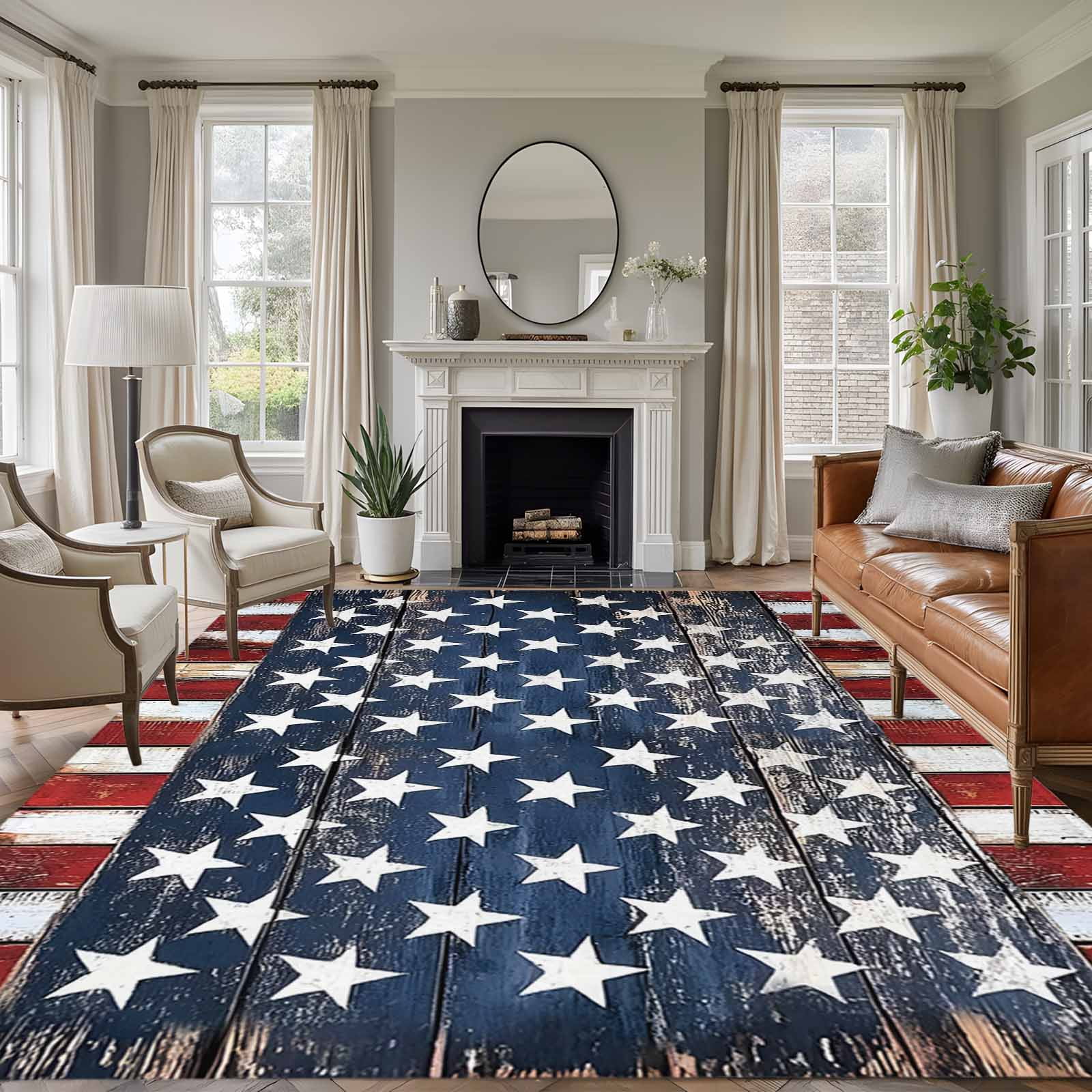 Non-Slip Rug Pad Rugs Retro Farmhouse Stars Stripes Rectangle Area Rugs 5x7Ft Soft Carpet Pads for Living Room Kids Room Shabby Wood Plank American Flag