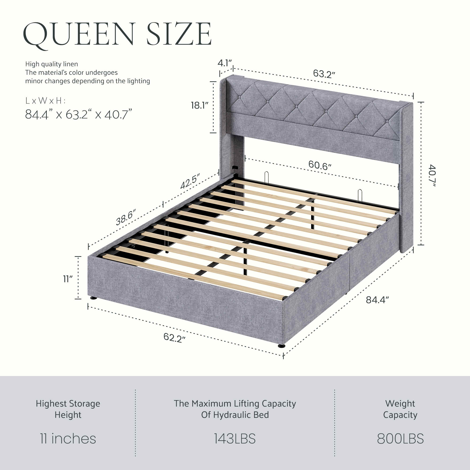 MAYEERTY Queen Size Hydraulic Lifting Storage Bed Soft Padded Platform Bed Frame Headboard with Backrest