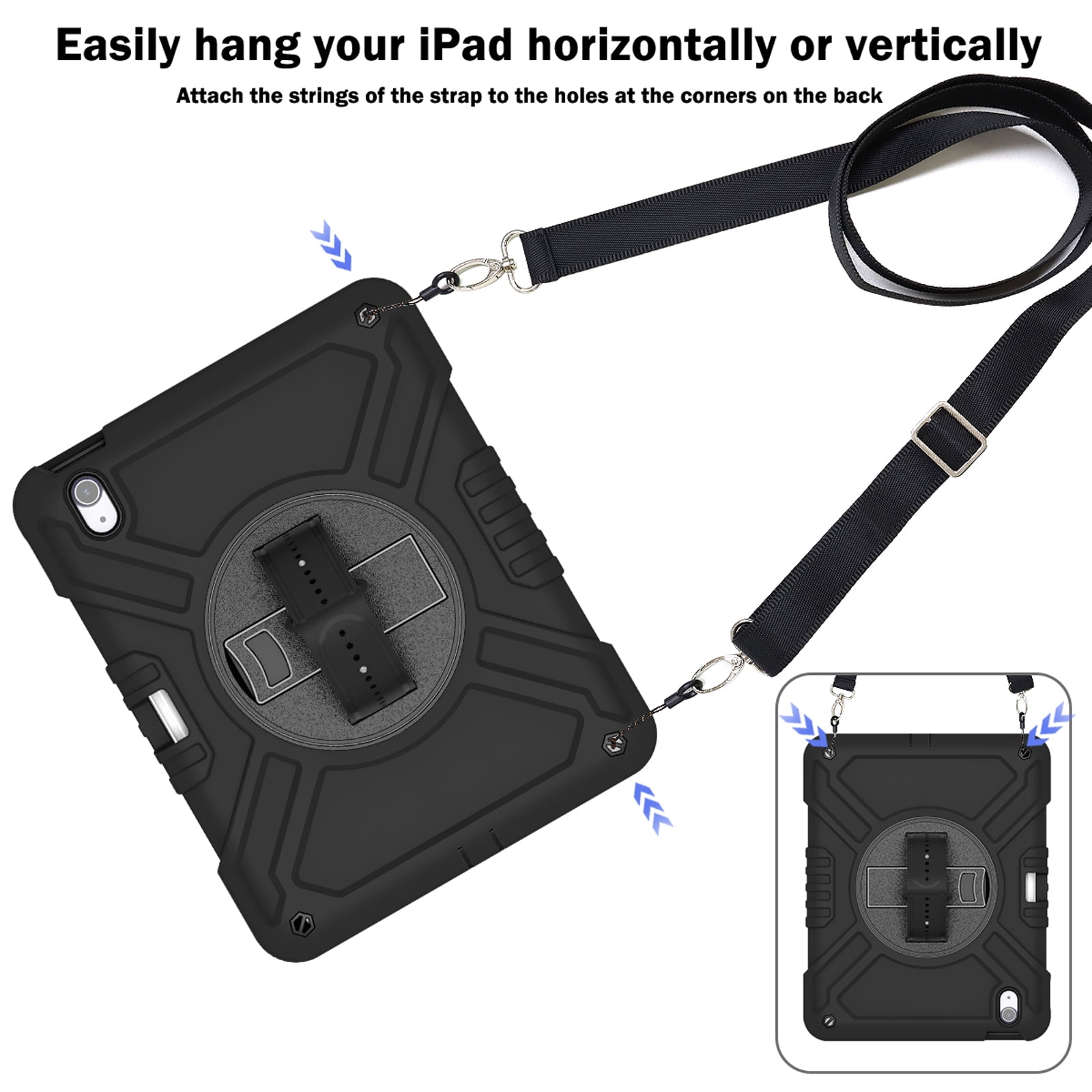 Military Grade Case for Apple iPad Air 11 inch 2024,Shoulder Strap Shockproof iPad Case with Pencil Holder 360 Rotating Hand Strap+Kicstand Rugged Siicone and Hard PC Case,Black