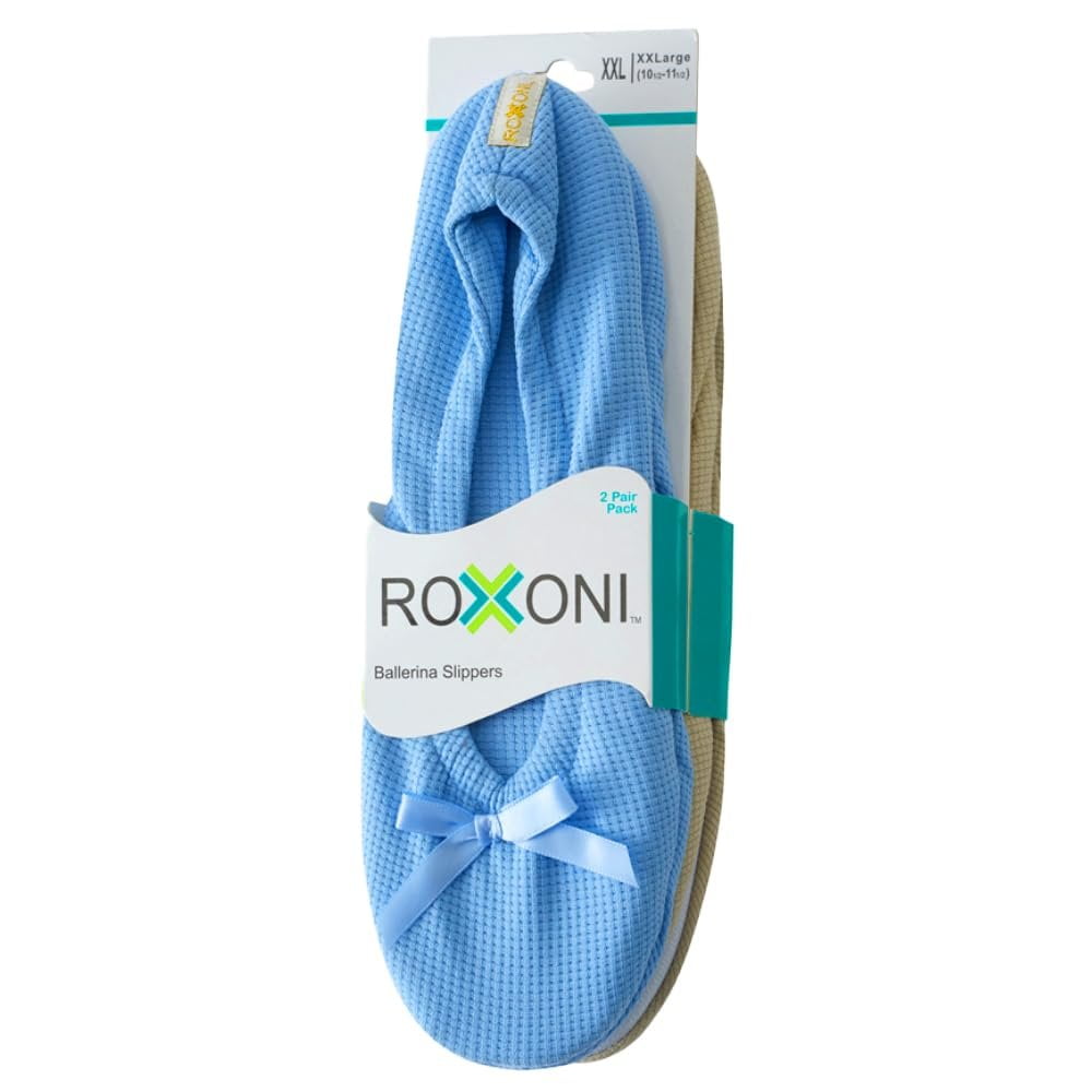 Roxoni Women's Flat Slip On Terry Classic Cotton & Velour Ballerina Slippers Pack of 2