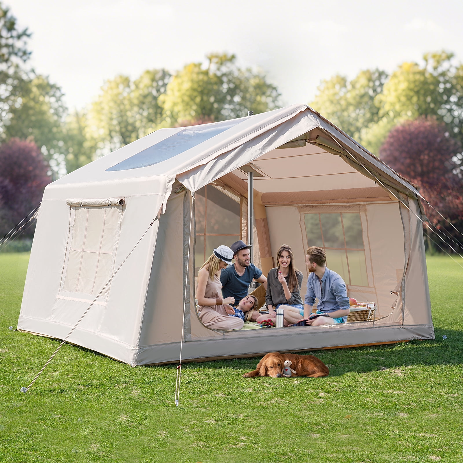 Slsy 6-8 Person Inflatable Camping Tents with Canopy, Air Glamping Tents w/ Hand Pump & Carry Bag, Easy Setup Waterproof Windproof Blow up Tent, 4 Seasons Oxford Cabin Tent with Mesh & Chimney Window