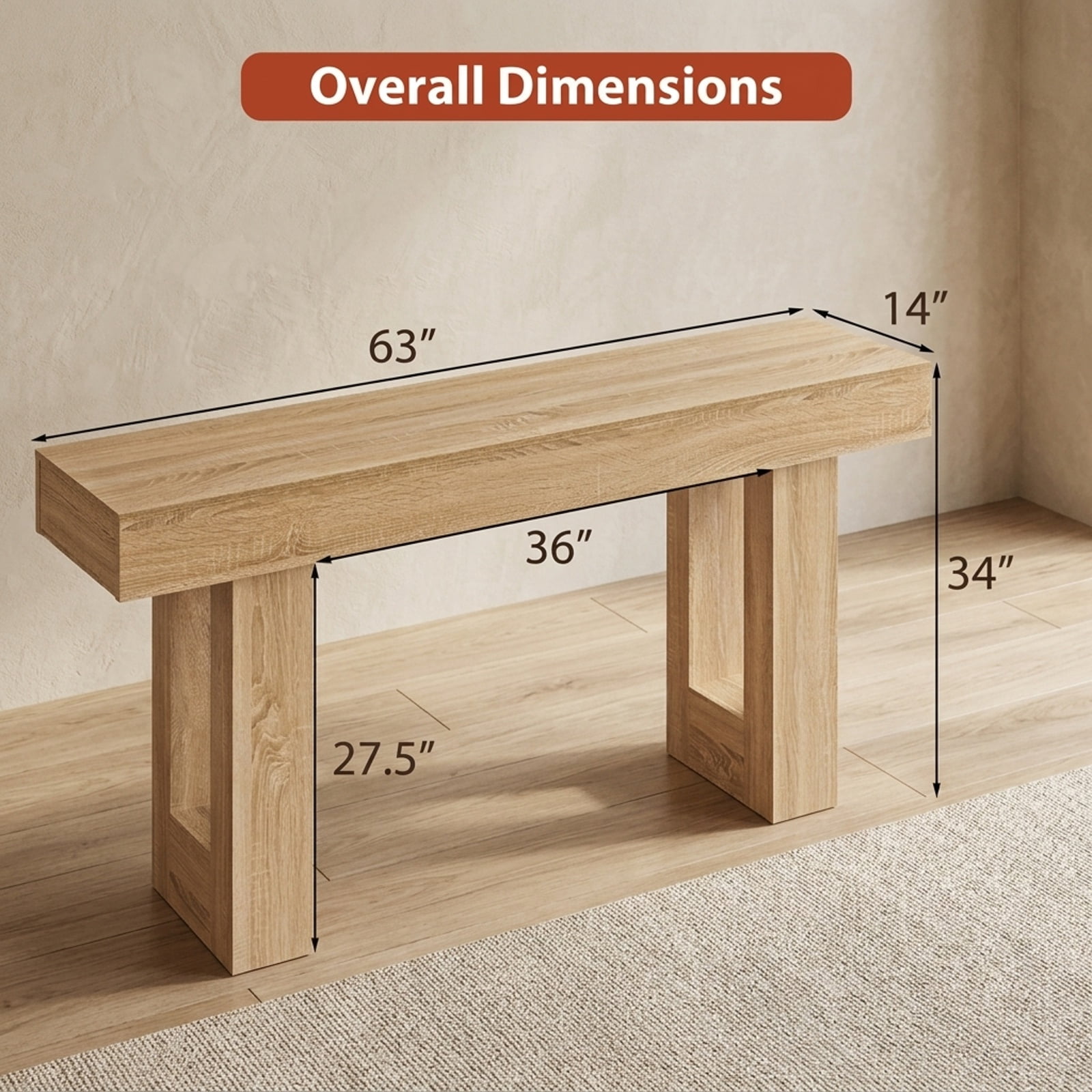 Furnibear 63 Inch Long Console Table Farmhouse Entryway Table with Bottom Storage for Living Room Hallway Foyer Sofa, Natural