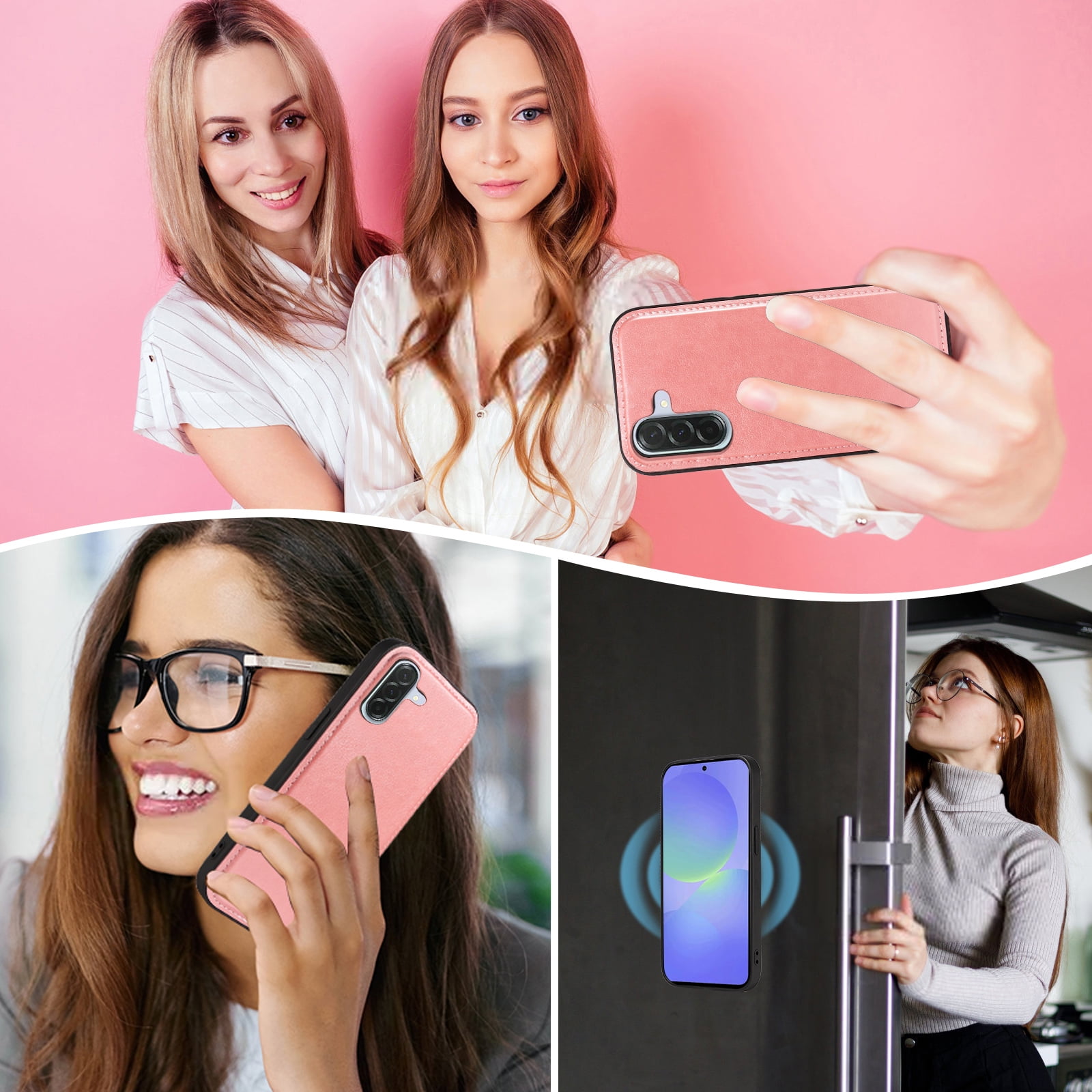 Asuwish Phone Case for Samsung Galaxy A36 5G Zipper Wallet Detachable Cell Cover with Tempered Glass Screen Protector Crossbody Strap Flower Flip Card Holder A 36 36A LTE SM-A366U Women Men Rose Gold