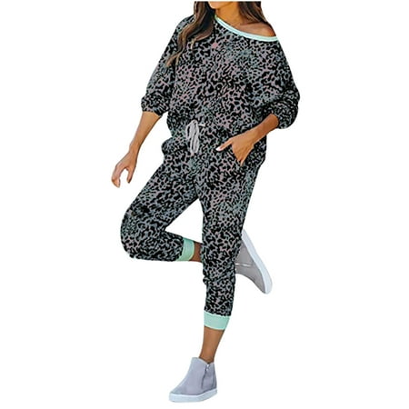 

Two Piece Outfits for Women Womens Pajamas Sets Casual Leopard Print Long Sleeve Crewneck Tops Blouses and High Waisted Capri Pants with Drawstring and Pockets Loungewear Set