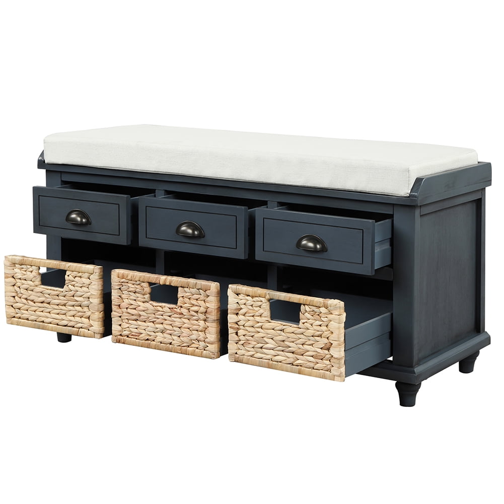 Lowestbest Shoe Bench with Removable Cushion, Rustic Storage Bench with 3 Drawers and 3 Rattan Baskets (Navy) Lowestbest Shoe Bench with Removable Cushion, Rustic Storage Bench with 3 Drawers and 3 Rattan Baskets (Navy)