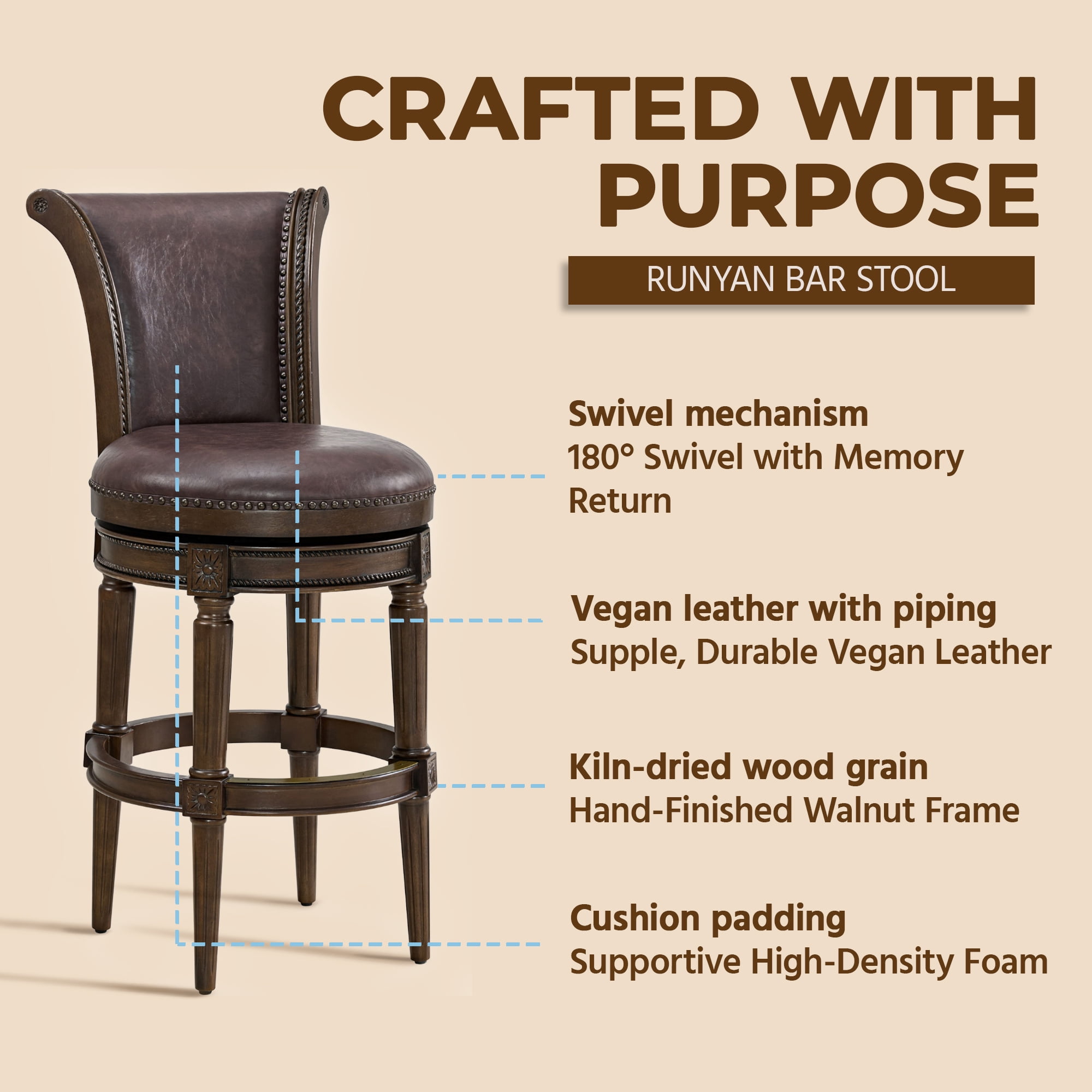 ROME + OAK Runyan 31" Swivel Bar Stool, Dark Walnut Wood, Vintage Brown Faux Leather, Set of 3