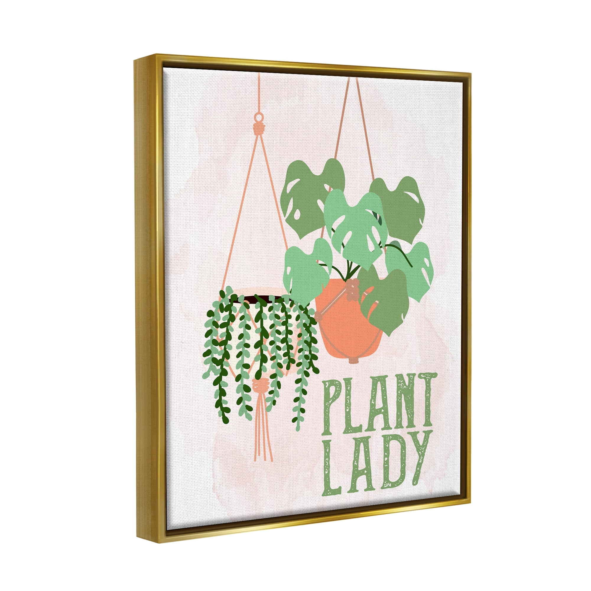 Stupell Industries Casual Plant Lady Hanging Green Potted Vegetation Graphic Art Metallic Gold Floating Framed Canvas Print Wall Art, Design by Kim Allen