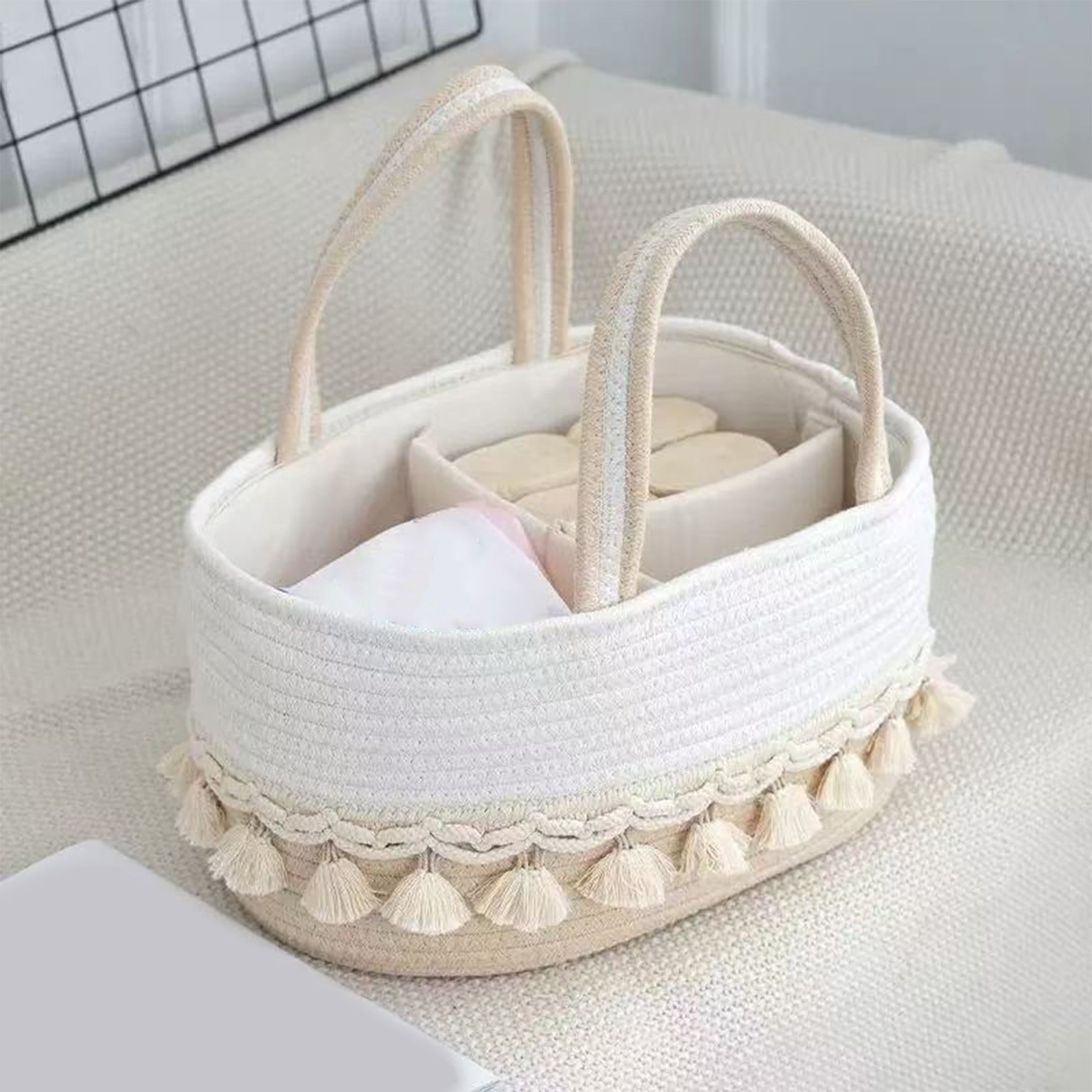 Hand Woven Cotton Rope Storage Basket with Handle Divided Basket Organizer with Tassels for Ba-by Toys Nursery Living Room Shelf Boho Decor Khaki