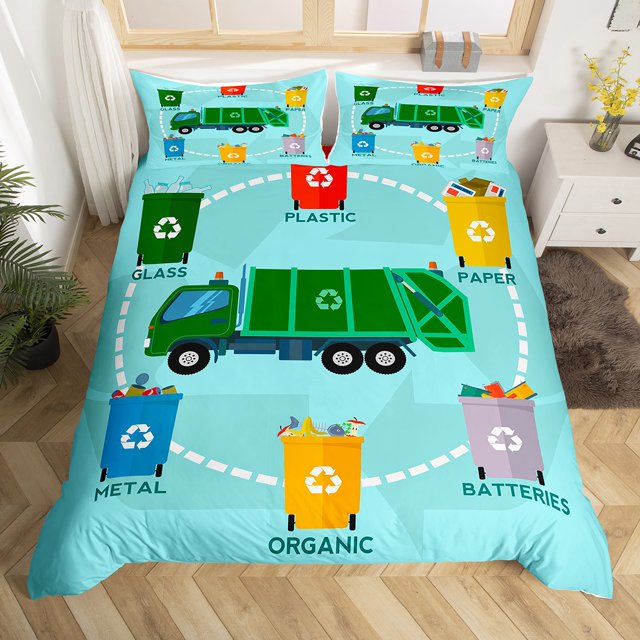 Garbage Truck Bedding Set Twin Size for Boys,Retro Green Trash Truck