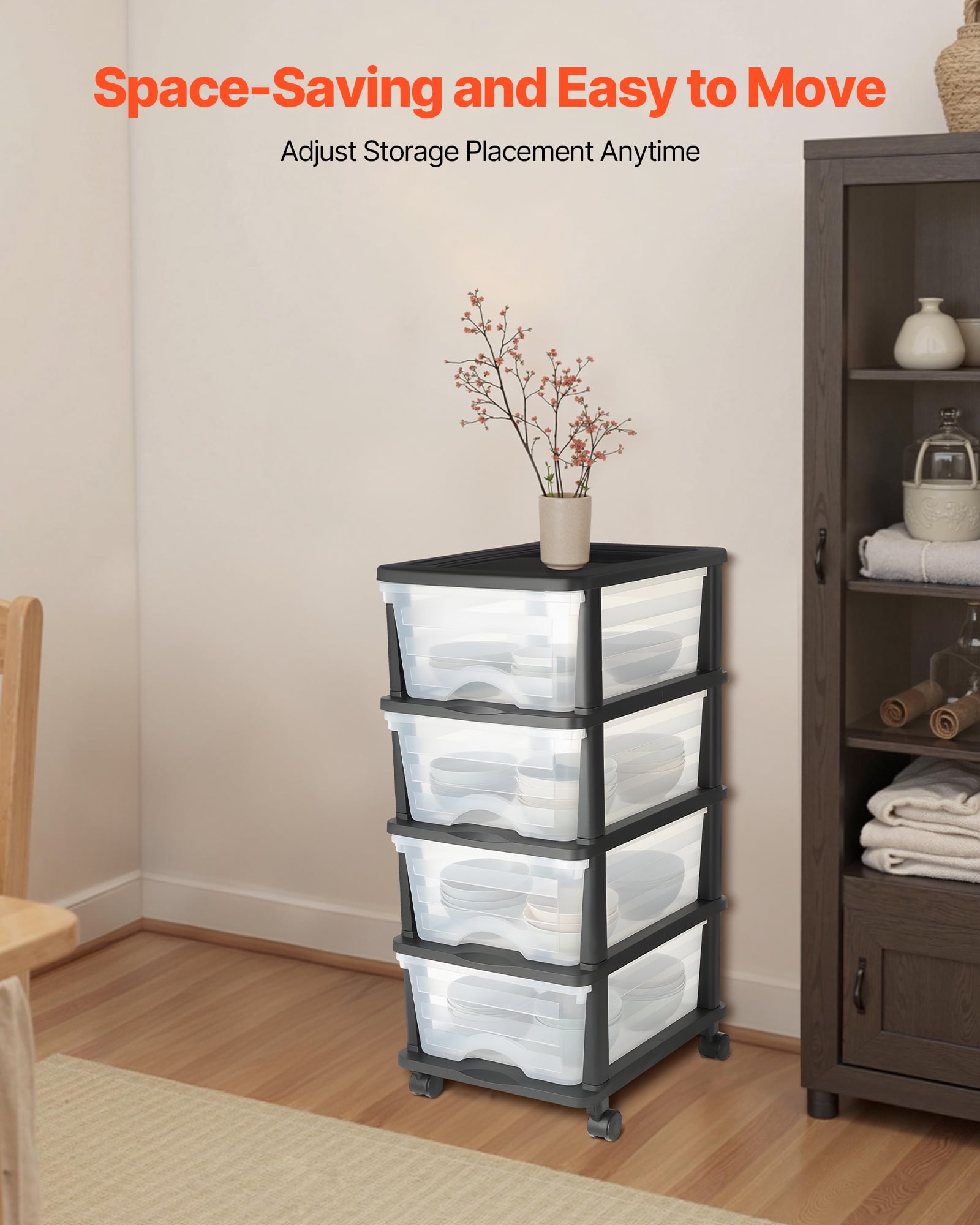 VEVOR Plastic Storage Drawers Cart,4 Drawers Storage Organizer with Wheels, Rolling Closet Organization and Storage Dividers, Dresser Organizer Clear Bins for Office Supplies, Craft Rooms, Classrooms