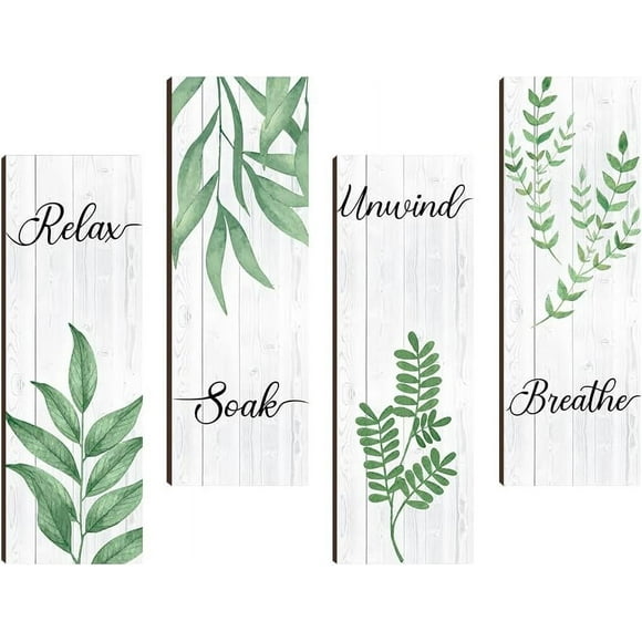 4 Pcs Green Leaf Wooden Wall Sign Relax Soak Unwind Breathe Bathroom Wall Wooden Sign for Home Bathroom Washroom Laundry Room Wall Decorations 3.94×11.81 Inch