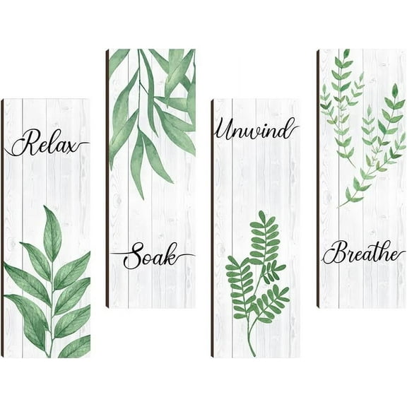 Green 4 Pcs Green Leaf Wooden Wall Sign Relax Soak Unwind Breathe Bathroom Wall Wooden Sign for Home Bathroom Washroom Laundry Room Wall Decorations 3.94×11.81 Inch