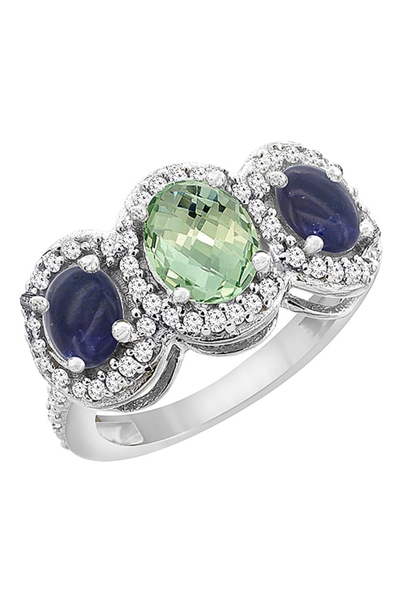 10K White Gold Natural Green Amethyst & Lapis 3-Stone Ring Oval Diamond Accent, size 9
