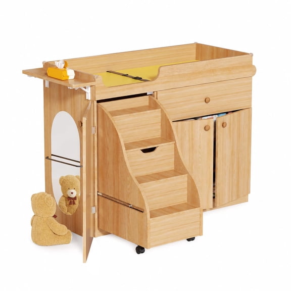 Advwin Changing Table with Pull-Out Stairs, Montessori Diaper Changing Station for Daycare & Home, Nursery Changing Table with Waterproof Pad, Safety Strap, Handrail, Large Storage & Acrylic Mirror
