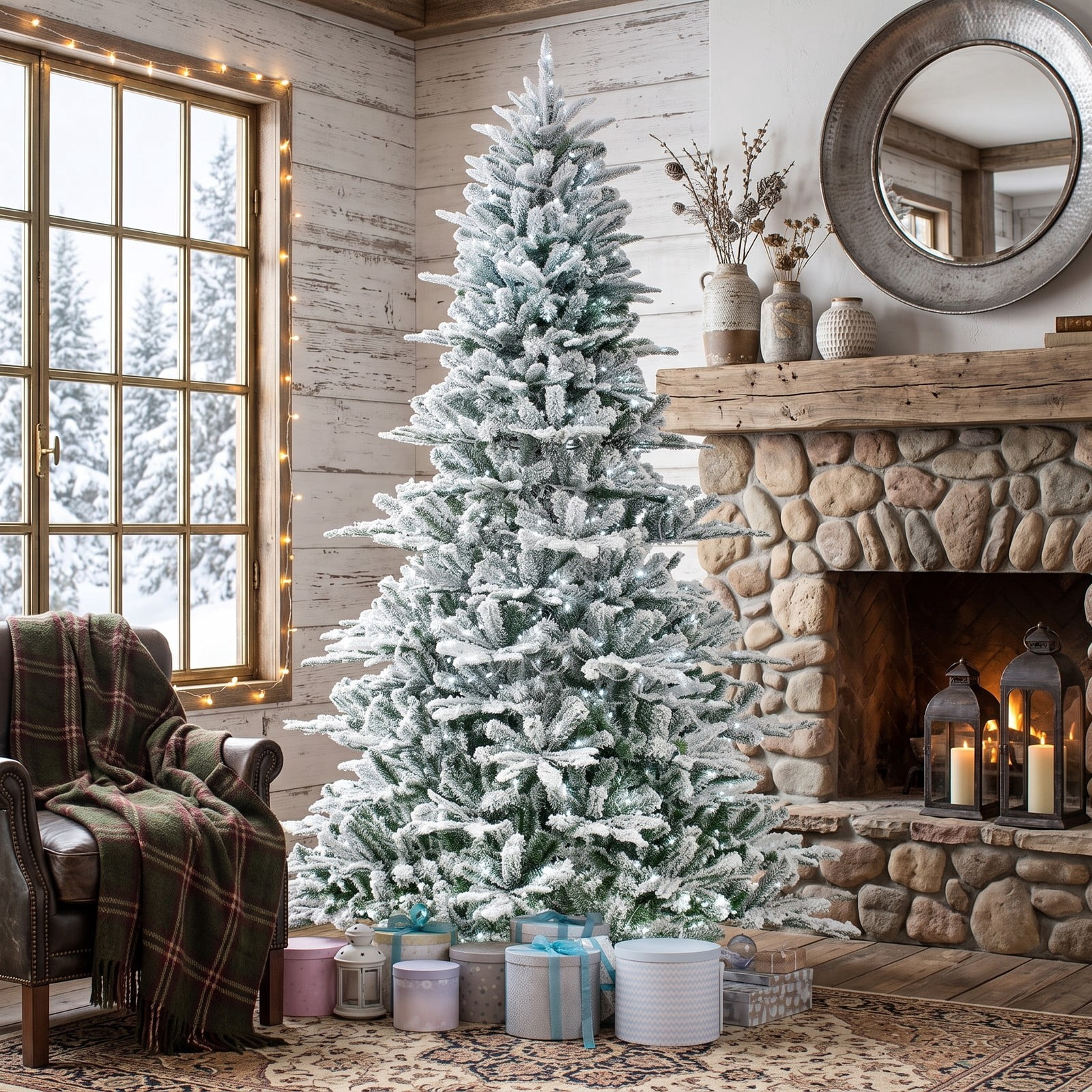 RUIE 8FT Snow Flocked Artificial Christmas Tree, Pre-Lit 800 Cool White LED Lights with Remote, Timer & Hinged Branches, Tall Holiday Tree, Green & White