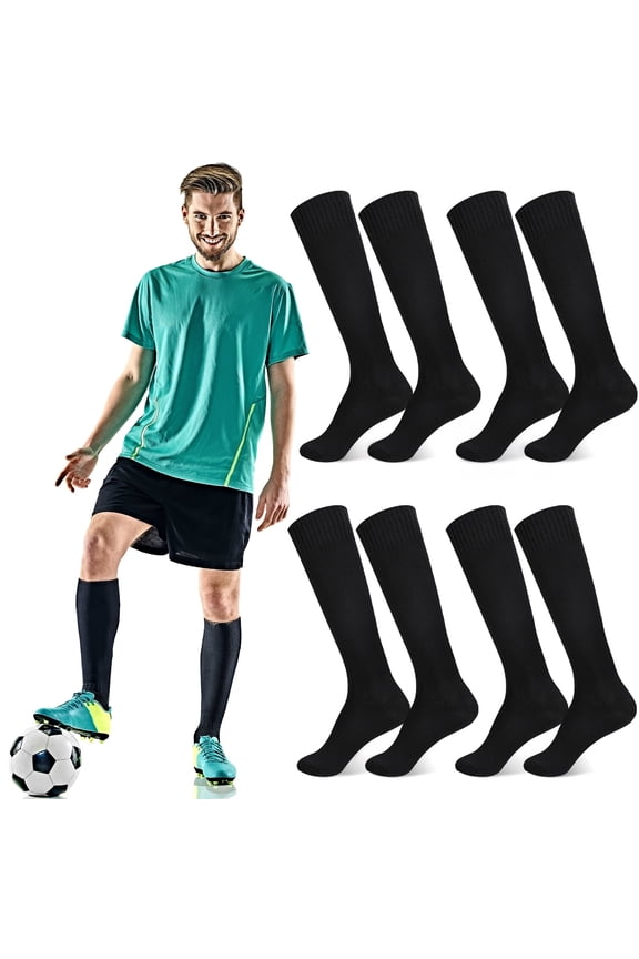 4 Pairs Football Socks Soccer Socks, Athletic Knee High Socks for Men Women, Black Sports Socks with Non-Slip Cuff, Medium Cushion Soccer Baseball Socks, 8in Foot Length, 14in Shaft