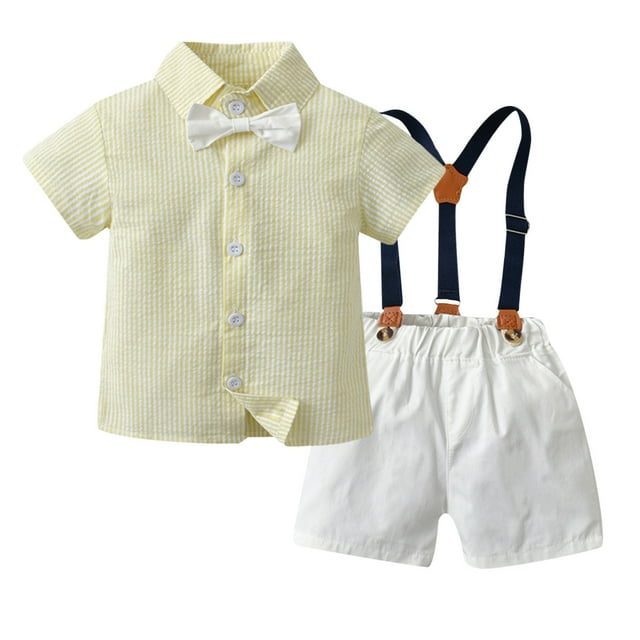 Hiiyo Infant Boys Summer Striped Short Sleeve Button Shirt Suspenders Shorts Outfits