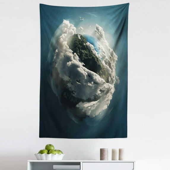 Earth Tapestry, Planet Surrounded by Majestic Clouds Dramatic Aerial View Earth Environment, Fabric Wall Hanging Decor for Bedroom Living Room Dorm, 5 Sizes, Petrol Blue White, by Ambesonne