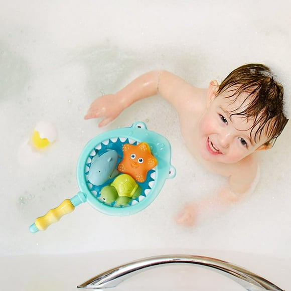 Juguetes de piscina, juguetes para bebés, juguetes para niños pequeños, juguetes de baño con red de pesca - Juego de baño para niños que incluye 1 red y 6 animales marinos para niños de 1 año o más. A