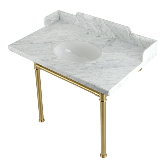 Kingston Brass LMS3622M87ST Wesselman 36" Carrara Marble Console Sink with Stainless Steel Legs (8-Inch, 3-Hole), Carrara Marble White/Brushed Brass
