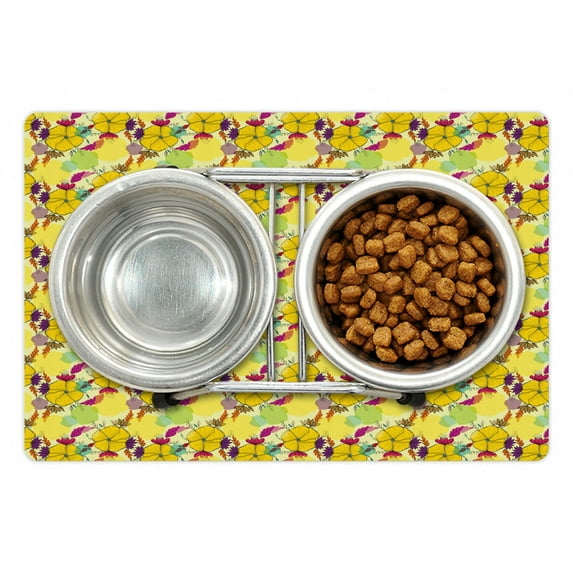 Exotic Pet Mat for Food and Water, Vibrant Summer Blossoms Doodle Art Flowers Pattern with Boho Vintage Arsty Effects, Non-Slip Rubber Mat for Dogs and Cats, 18" X 12", by Ambesonne