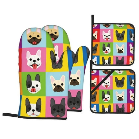 

Oven Mitts and Pot Holders Sets 4 pcs French bulldog Non-Slip Oven Gloves Potholders Soft Quilted Lining Heat Resistant Gloves Hot Pads for Kitchen Cooking Baking