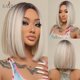 thumbnail image 1 of EASIHAIR, pelucas cortas y rectas de Bob con flequillo, pelo sintético Natural marrón dorado para mujeres, pelucas de fibra resistentes al calor para Cosplay diario Tan Jianjun unisex, 1 of 2