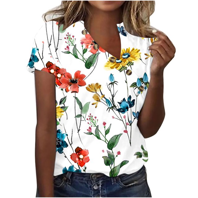 Mode Femmes Été T-Shirt Uni Col en V Manches Courtes Blouse Décontractée Tops Offre Spéciale
