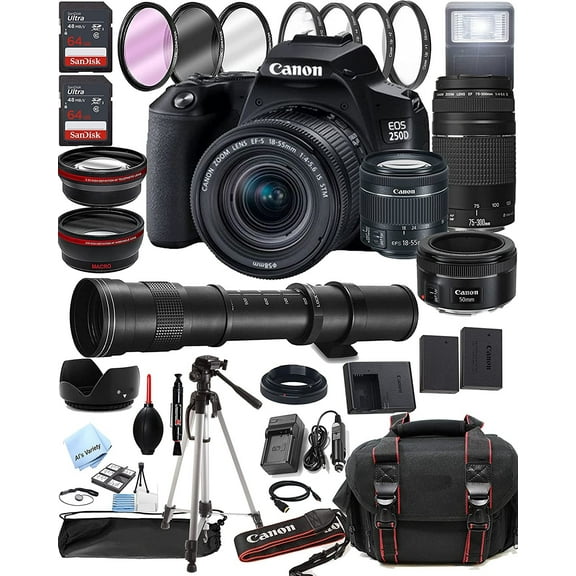 Canon EOS 250D Rebel SL3 DSLR Camera w/EF-S 18-55mm F/4-5.6 is STM Lens + 75-300mm F/4-5.6 III Lens + 50mm f/1.8 STM Lens + 420-800mm Super Telephoto Lens + 128GB Memory 42pc Extreme Bundle