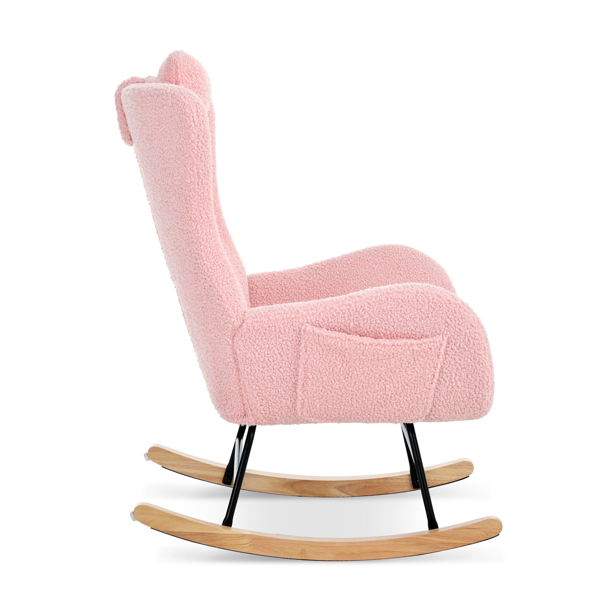 Newest Rocking Chair Nursery, Teddy Upholstered Rocker Glider Chair with High Backrest, Adjustable Headrest & Pocket, Comfy Glider Chair for Nursery, Bedroom, Living Room, Offices, Rubber wood, pink