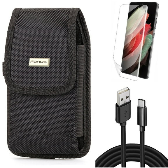Case Belt Clip w 10ft USB Cable w Matte Screen Protector for Samsung Galaxy S21 Plus - Rugged Holster, Type-C Charger Cord, TPU Film Anti-Glare Accessory Bundle