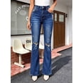 thumbnail image 5 of Women's High Waisted Straight Leg Jeans Distressed Dark Blue Denim Cuffed Casual Pants, 5 of 7