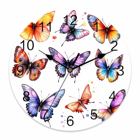 Wall Clock 14 inch Vintage Style Battery Operated Clocks Silent Non-Ticking Wallclock Watercolor Butterfly Round Decorative Wall Clocks for Home Office School
